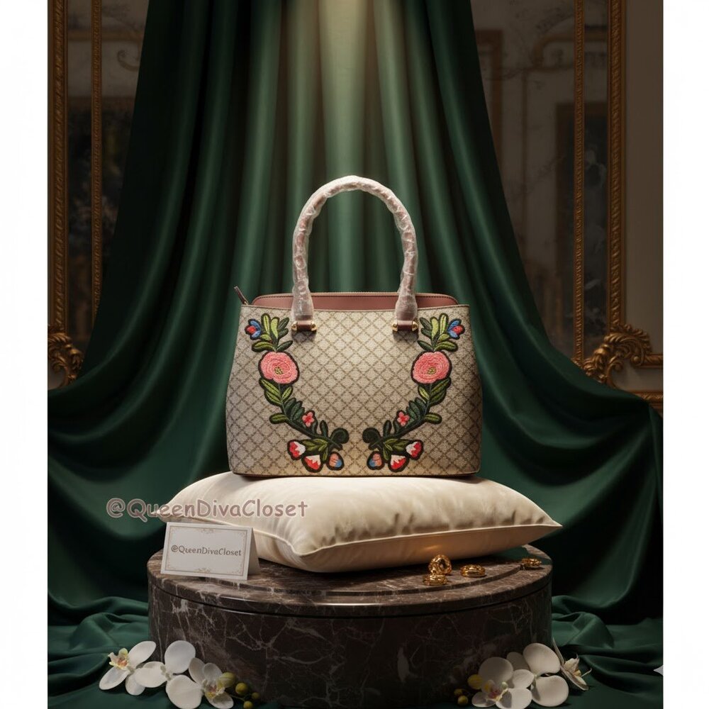 Designer Style Brown Tan Floral Geometric Diamond Monogram Handbag Purse Satchel
